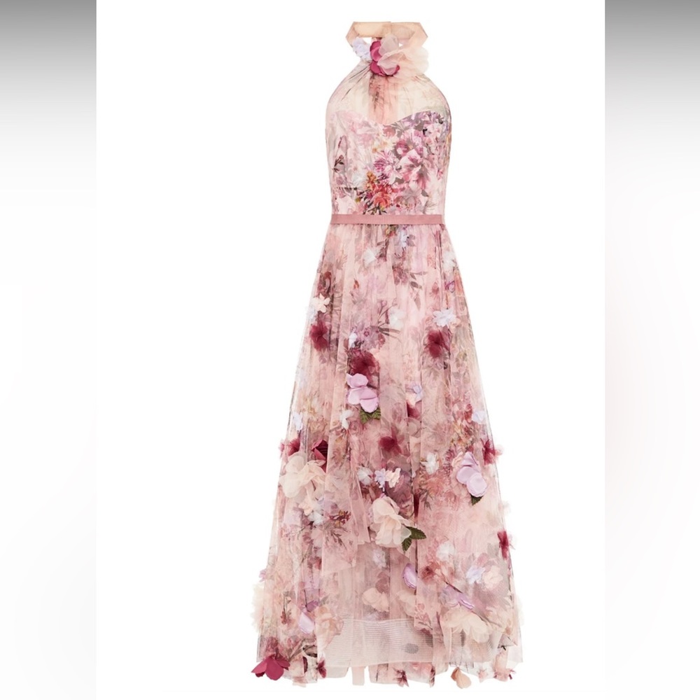 Marchesa Notte Floral appliquéd gathered floral-print tulle gown
